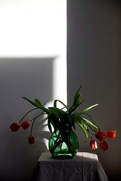 Stilleven van hangende tulpen in lichtspel van Lilian Bisschop