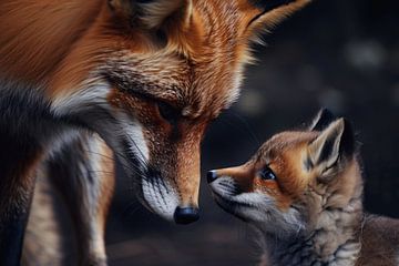 Renard et louveteau dans un moment d'intimité