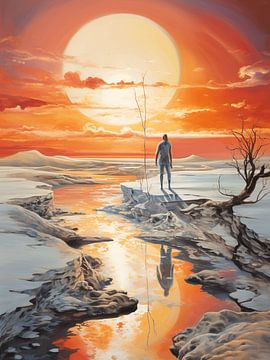 zonsondergang surrealistische eenzaamheid man ijs rivier van gm_designs
