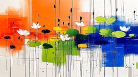 White lotus blossoms on blue and orange by May