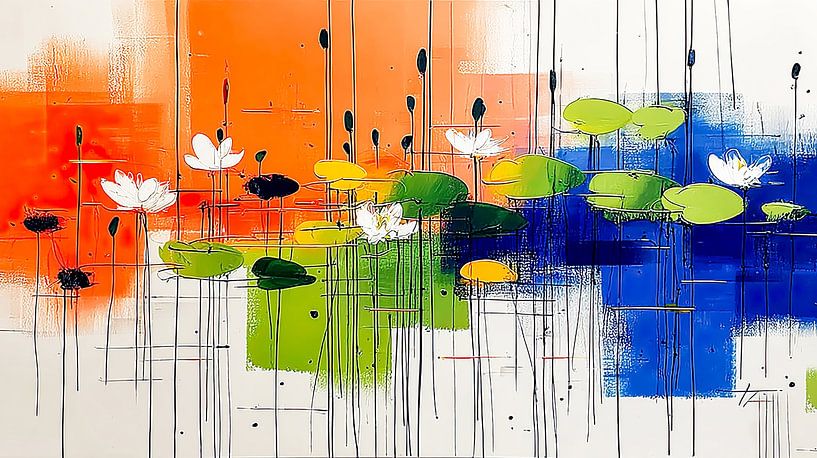 Witte lotusbloesems op blauw en oranje van May