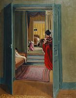 Félix Vallotton - Interieur met vrouw in het rood van achteren (1903)