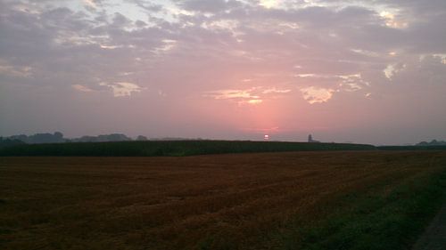 Zonsondergang vanuit het geoogste tarweveld