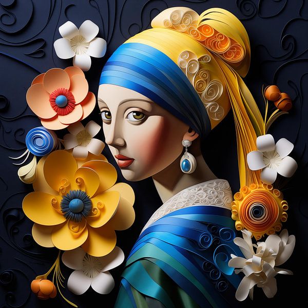 Meisje met het de parel met bloemen, creatieve stijl van TheXclusive Art