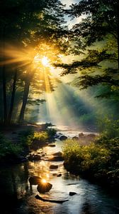 Sonnenaufgang mit Jakobsleitern im nebligen Laubwald