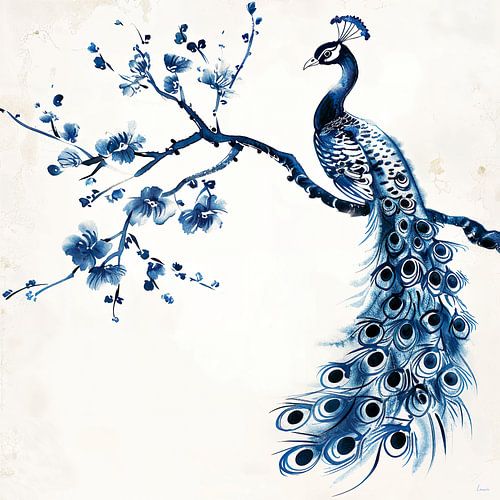 Paon bleu Japandi sur une branche