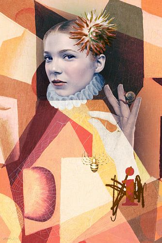 Isa, Spider, snail, dahlia & i (1 van serie 4) warme tinten geel, oranje, rood. Retro look