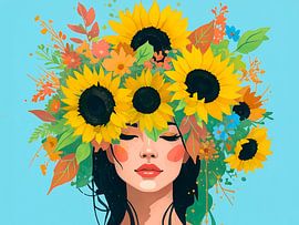 Sommerliches Frauenporträt mit üppigen Sonnenblumen von Studio Pieternel