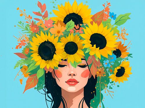Portrait d'une femme en été, avec de somptueux tournesols