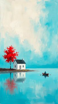 Minimalistisches, verträumtes Haus am See mit rotem Baum – Gemälde mit sanften Pastelltönen von Kimita Jennaira