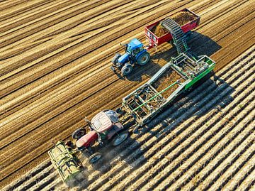 Tractors rooien aardappelen in een veld van bovenaf gezien