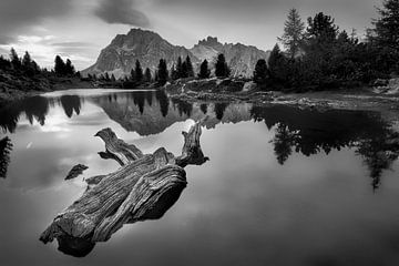 Lac de montagne dans les Alpes dans la lumière évocatrice du soir en noir et blanc sur Manfred Voss, Schwarz-weiss Fotografie