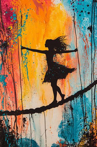 Balancerende silhouet op kleurrijke achtergrond