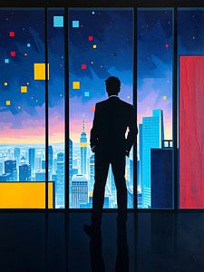 Silhouet in een futuristische stad vol kleuren en vormen