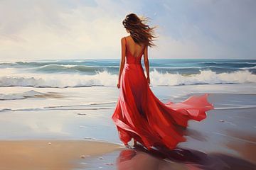Rode jurk op het strand