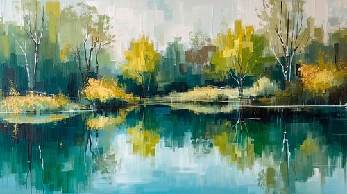 Abstract lake panorama in emerald green, blue & nd gold