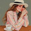 Ein Porträt einer jungen Frau mit gestreiftem Blazer und Kaffee. von J.a Dijkstra