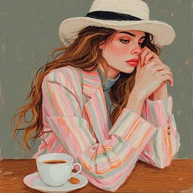 Een portret jonge vrouw met streepjes blazer en koffie. van J.a Dijkstra