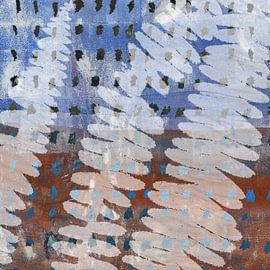 Abstrakte botanische Mixed Media Kunst. Farnblätter in Blau und Terrakotta von Abstrakte minimalistische Kunst