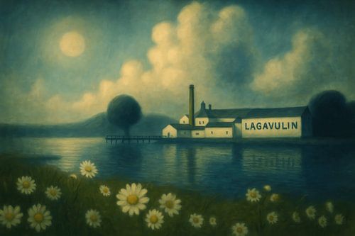 Lagavulin distilleerderij tussen zomerse margrieten