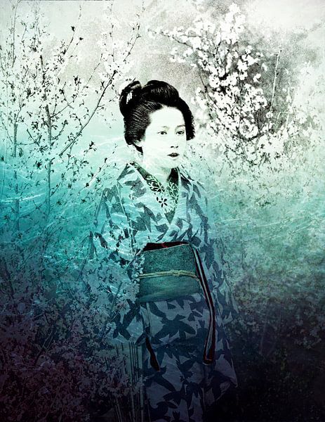 Cyan Grüne Geisha im Sommer Garten Japandi Stil von Mad Dog Art