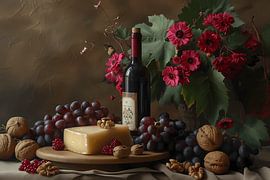Still life with cheese and wine by Michal Dunaj