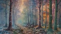 Paysage d'hiver Forêt de bouleaux au lever du soleil dans des tons chauds et pastel