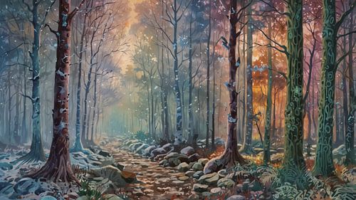 Winterlandschap Berkenbos bij zonsopkomst in warme pasteltinten van Marina Lijesnic