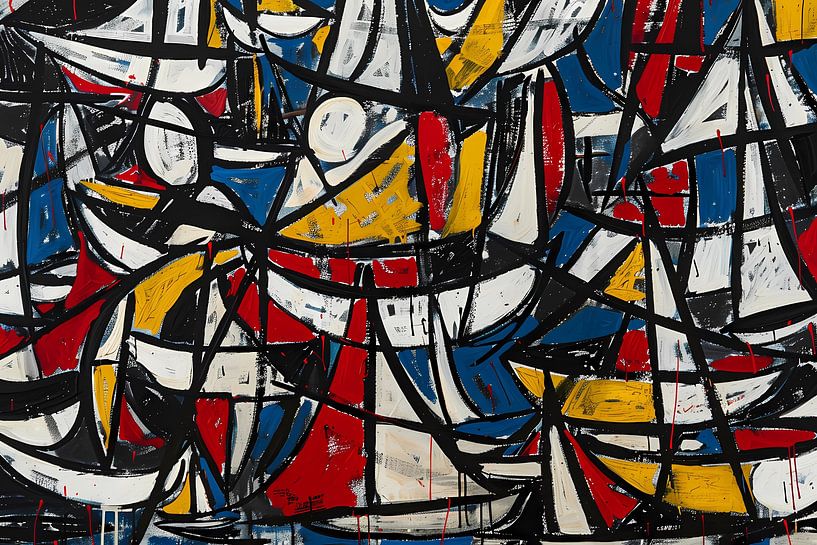 Abstracte dynamische schilderij met kleurrijke boten van Art & Soul Creations