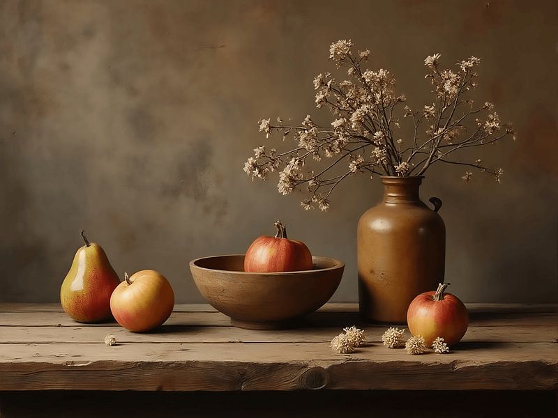 Stilleven met aardewerk en fruit in bruintinten van The Photo Artist