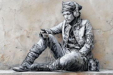 Graffiti Portret Jongere – Zwart Wit Street Art van BowiScapes abstract en digitale kunst