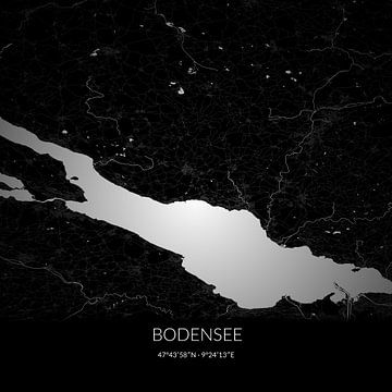 Black and white map of Lake Constance, Baden-Württemberg, Germany. by Rezona
