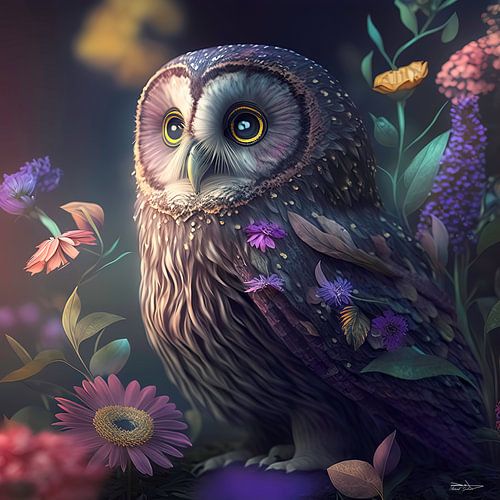 uil met bloemen