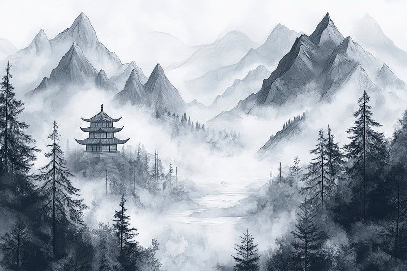 Mountain landscape with pagoda - Watercolour art by Poster Art Shop
