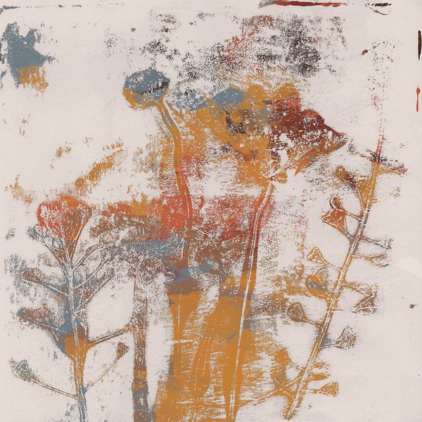 Abstract botanical art. Flowers and plants in terra, ocher, grey and white by Dina Dankers
