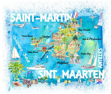 Sint Maarten Antillen Geïllustreerde Caribische reiskaart met hoogtepunten van de West-Indië Droom van Markus Bleichner