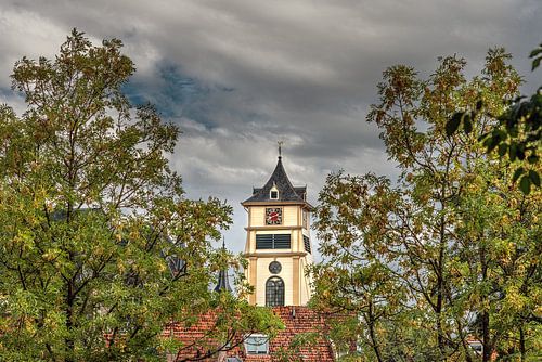 Houten Klokkentoren in Enkhuizen tussen de bomen