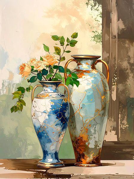 Nature morte romantique : Deux vases avec des roses par Studio Pieternel