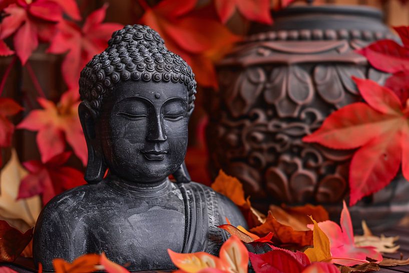 Buddha statue with autumn leaves by Art & Soul Creations