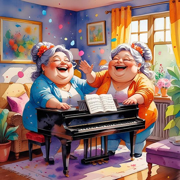 2 sociable ladies sing at the piano by De gezellige Dames