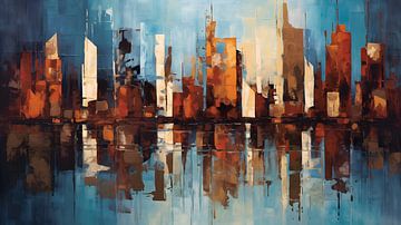 Abstracte reflectie van een skyline in rivier - olieverf van Jan Bechtum