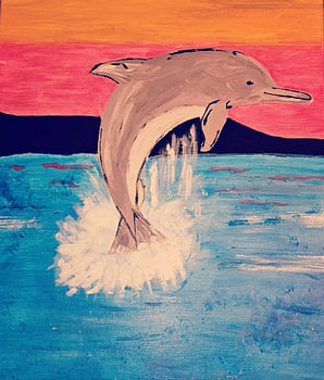 Ocean Joy: Leaping Dolphin at Sunset in a Layered Acrylic Technique