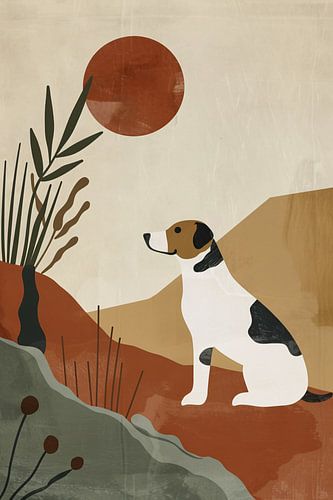 Stilistische hond en planten tegen rode zon