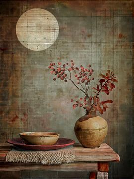Japandi Art. Wabi-Sabi Still life in earth tones