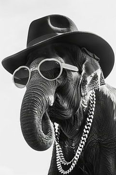 Stijlvolle olifant met hoed en bril in zwart en wit van Felix Brönnimann