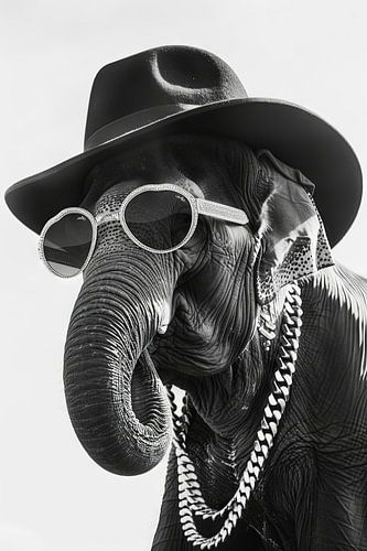 Stijlvolle olifant met hoed en bril in zwart en wit