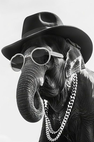Eléphant élégant avec chapeau et lunettes en noir et blanc par Poster Art Shop