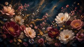 Elegantes Blumenarrangement in dunklen und goldenen Farbtönen II von Dodik Hariyono