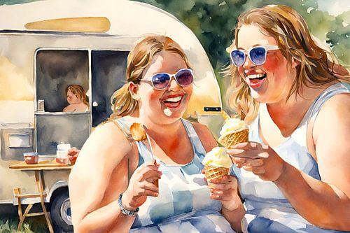 2 sociable ladies eat an ice cream