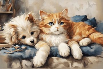 Hond en Kat Beste Vrienden Digitaal Schilderij van Design By Dessie